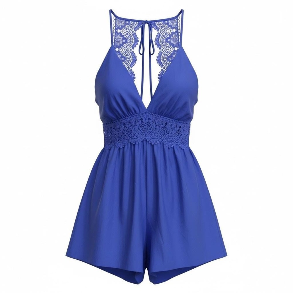 Love Tree Romper Juniors L Blue Venice Lace Halter Cutout‎ Waist Lined Party NEW